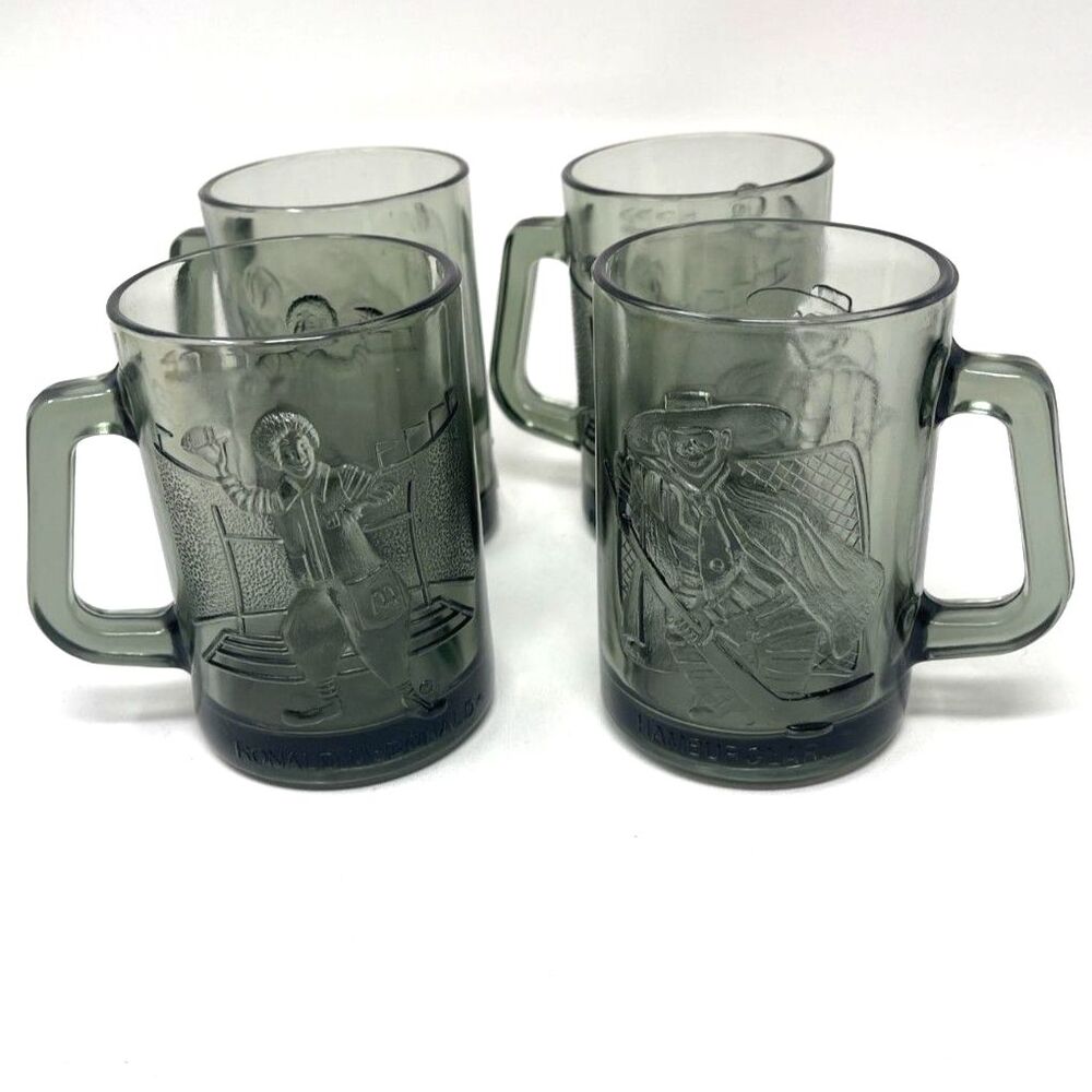 Vtg Set of 4 McDonalds Smokey Glass Mug Cup Ronald McDonald Hamburglar Grimace